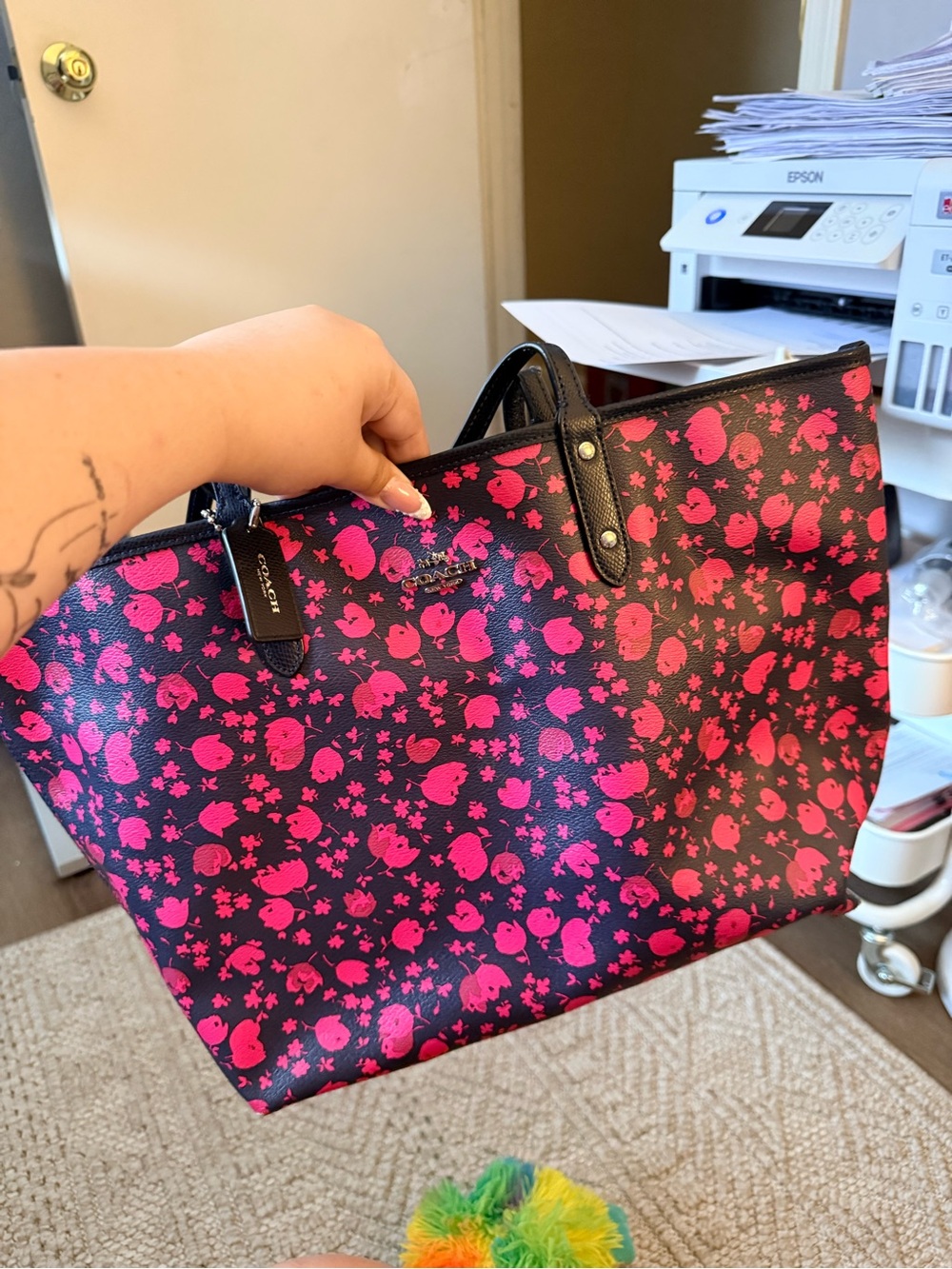 Coach Black Tote with Hot Pink Floral Print